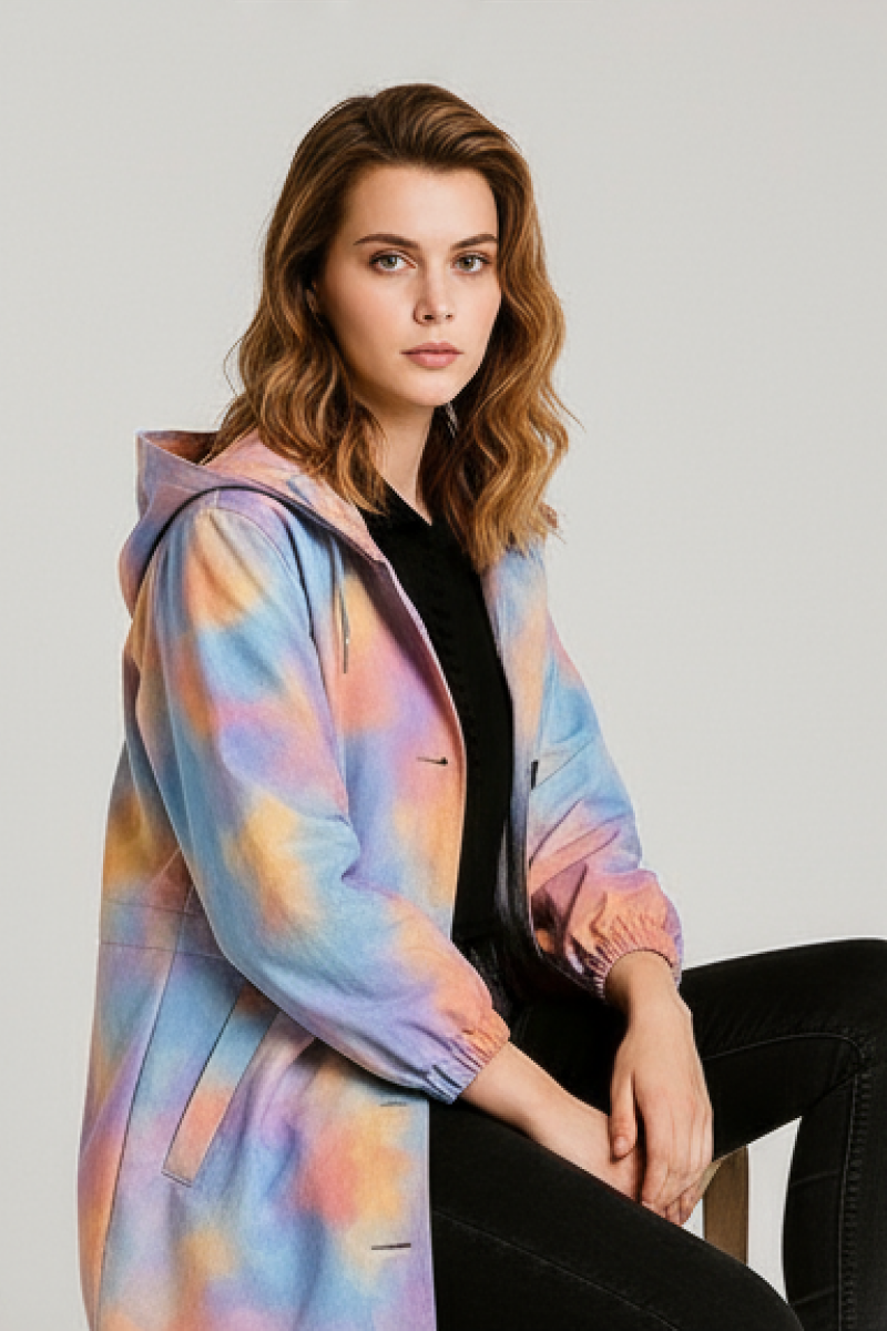 A woman with wavy brown hair sits on a stool, wearing the looselyboho CANVAS SKY WINDBREAKER—a pastel tie-dye, water-resistant jacket—over a black outfit, looking directly at the camera with a neutral expression.