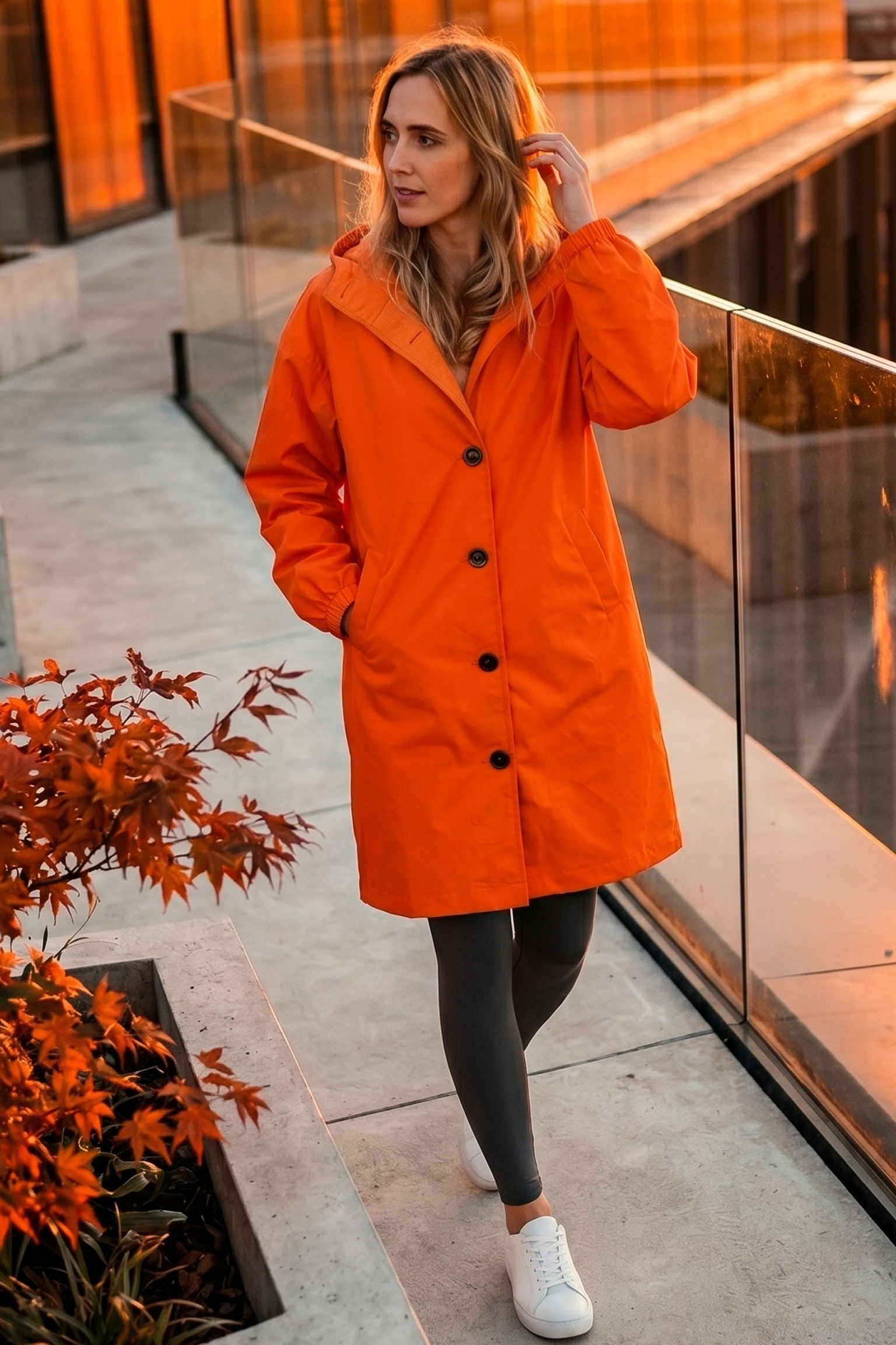 A woman in the Icon Windbreaker Rain Jacket, paired with gray leggings and white sneakers, stands outside by glass railings and a planter with red-orange leaves, bathed in warm sunlight.