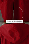 Close-up of the Burgundy One Size Fits All Oversized Water Resistant Windbreaker Jacket by looselyboho, featuring its durability and reliability. The top image focuses on a seam with an arrow pointing to it, while the bottom image showcases the back of the hood, prominently displaying the label "Durable & Reliable" in the center.