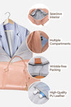 Image of The Windbreaker Jacket's Smart No-Wrinkle Foldable Travel Bag in pink, showcasing its numerous features. Highlighted are the spacious interior, multiple compartments for organization, wrinkle-free packing capability, and high-quality waterproof PU leather construction. The bag is depicted hanging on a wooden hanger alongside a light blue jacket.