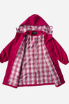 The looselyboho Bright Berry Kids’ Windbreaker, shown open on a white background, features elastic sleeves and a pink and white checkered lining. This water-resistant jacket comes in a vibrant berry pink shade.