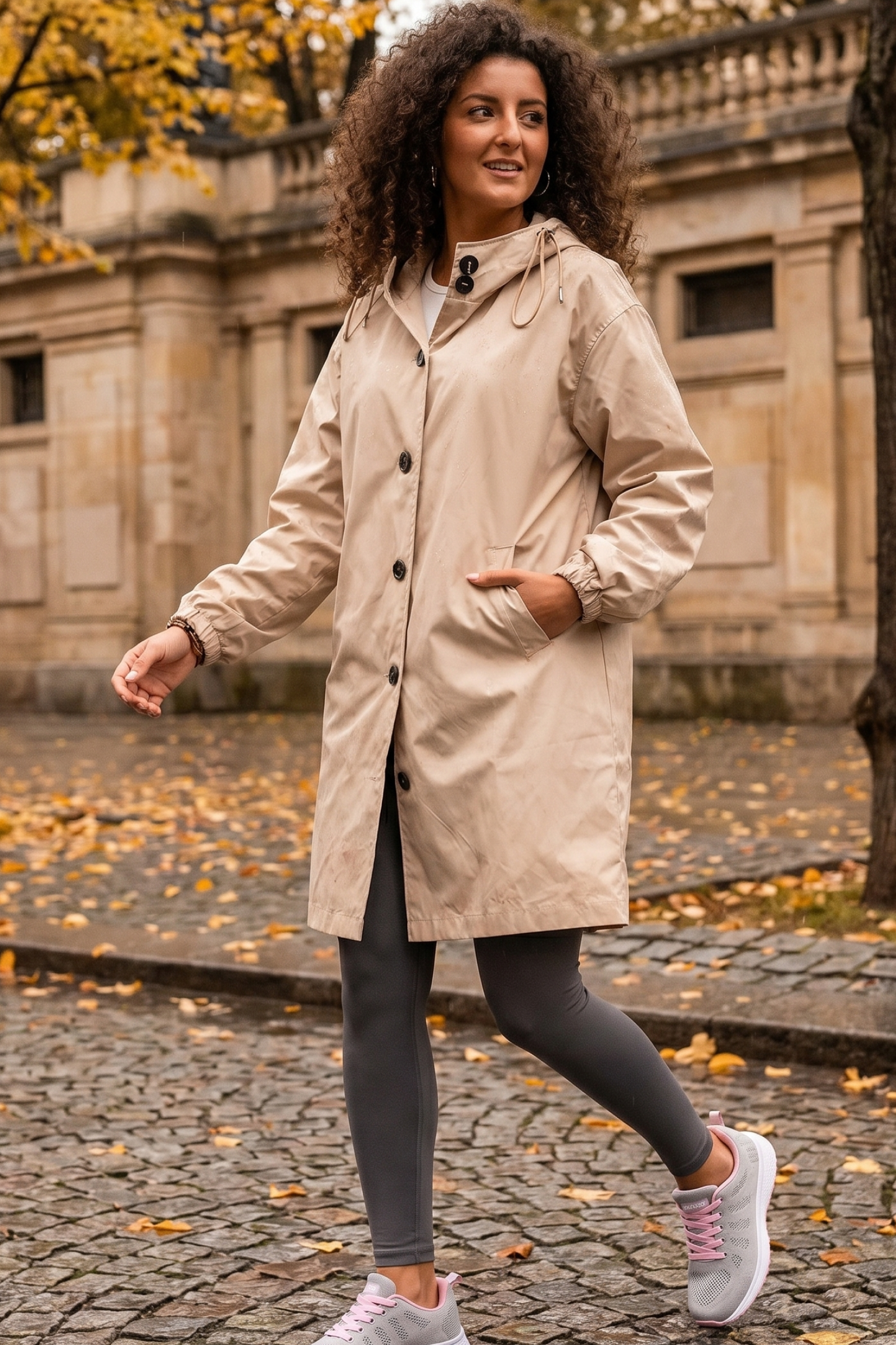 A person with curly hair wears The Water Resistant Hooded Oversized Windbreaker Rain Jacket while strolling on a cobblestone street covered in autumn leaves and lined with historic stone buildings.