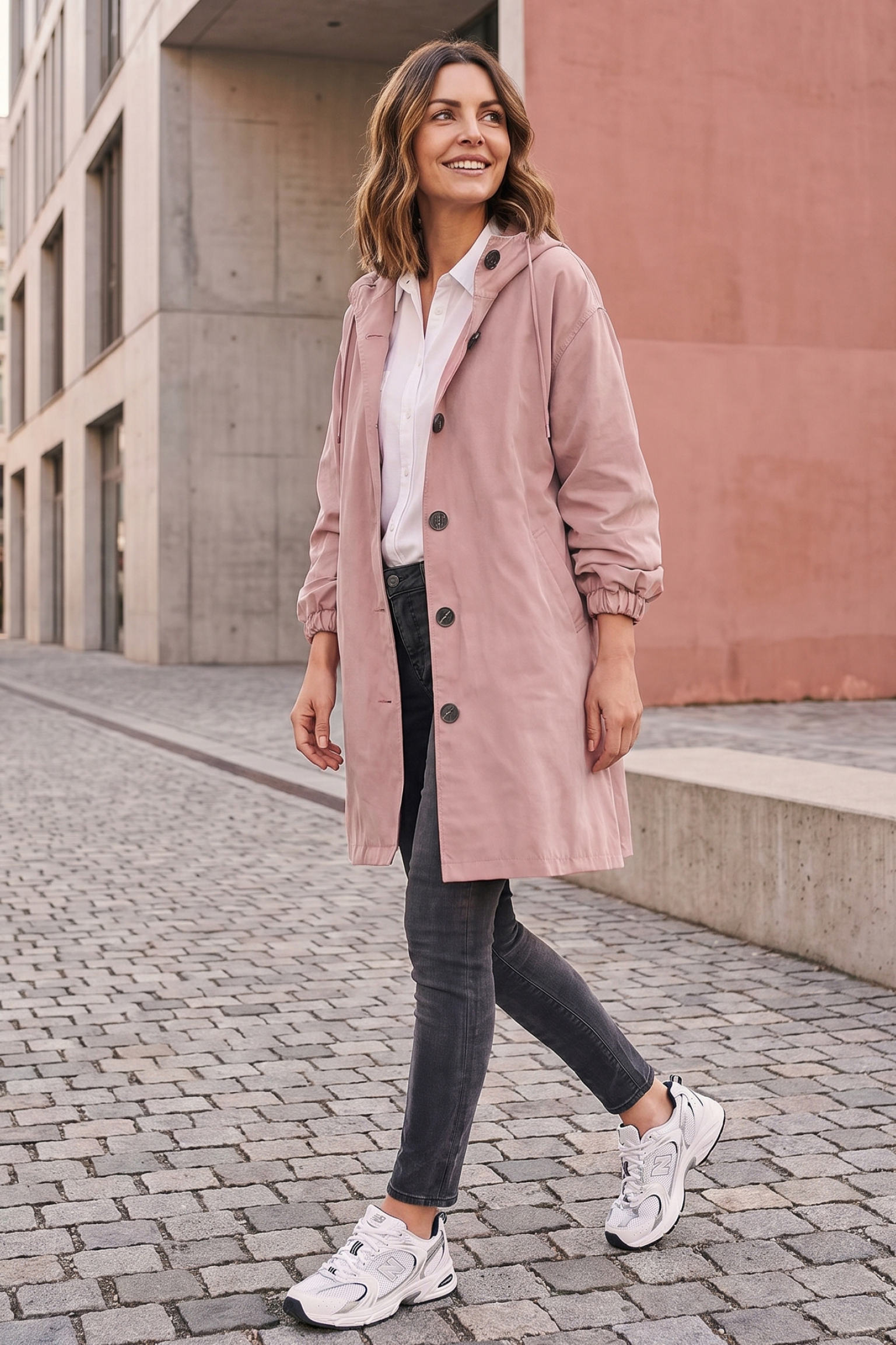 A woman smiles as she walks on a cobblestone street, wearing The Water Resistant Hooded Oversized Windbreaker Rain Jacket in light pink. Modern buildings are visible in the background.