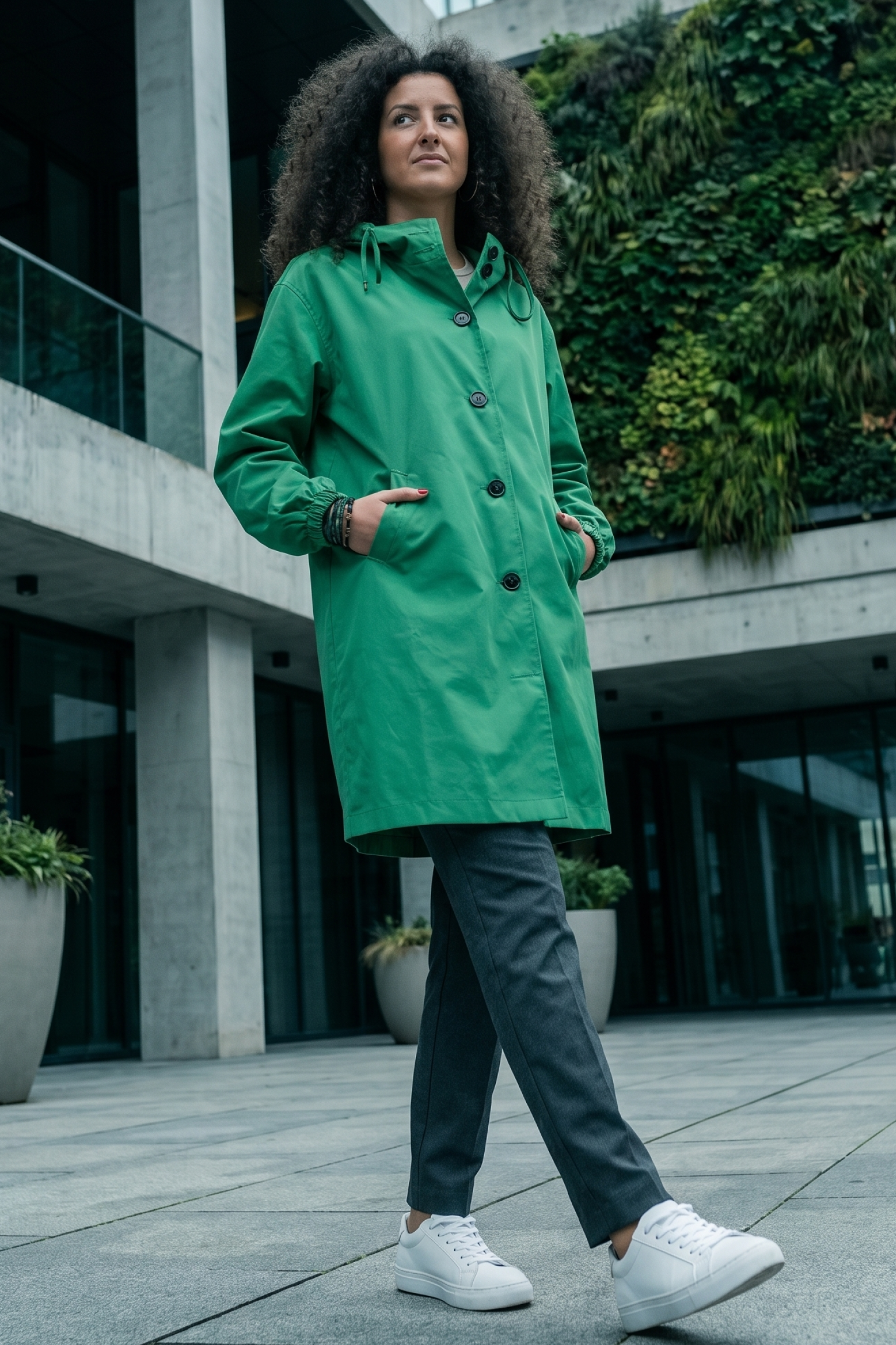 A person with curly hair stands outdoors by a modern building, wearing The Water Resistant Hooded Oversized Windbreaker Rain Jacket in green, gray pants, and white sneakers. Large potted plants and a vertical garden appear in the background.