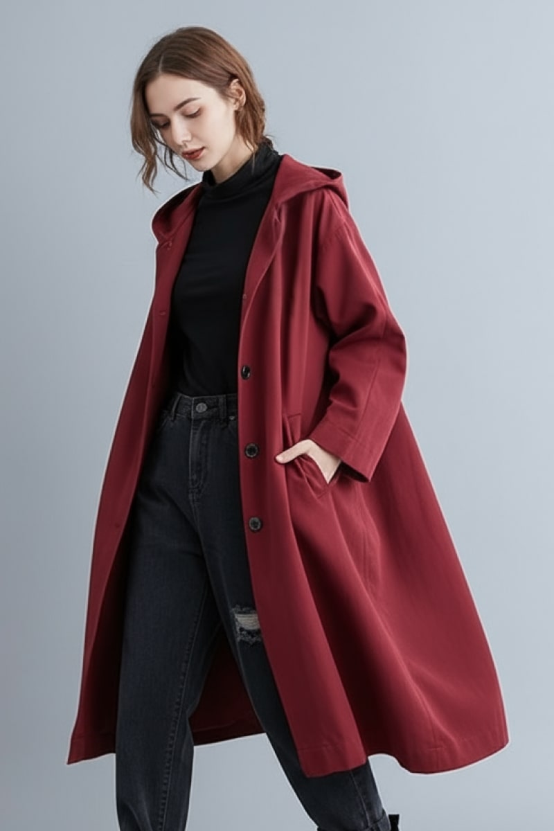 A woman models the looselyboho Burgundy One Size Fits All Oversized Water Resistant Windbreaker Jacket over a black turtleneck and dark high-waisted jeans, standing against a plain gray background with one hand in her pocket.