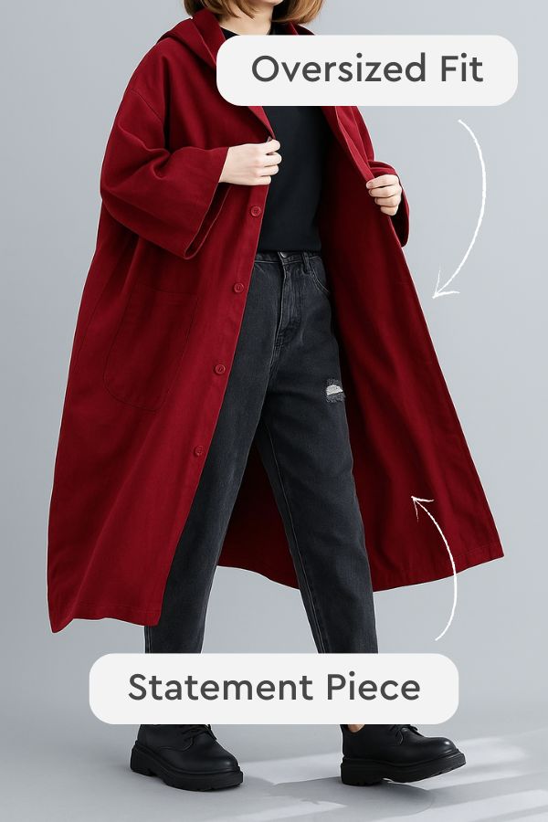 A person wears a burgundy looselyboho One Size Fits All Oversized Water Resistant Windbreaker Jacket over a black shirt and jeans. Text labels highlight the jacket, saying “Oversized Fit” and “Statement Piece.”.